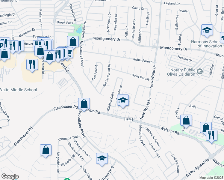 map of restaurants, bars, coffee shops, grocery stores, and more near 7577 Windsor Oaks in San Antonio