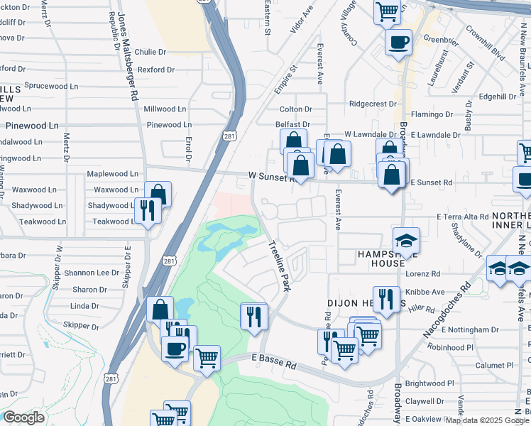 map of restaurants, bars, coffee shops, grocery stores, and more near 384 Treeline Park in San Antonio