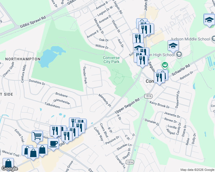 map of restaurants, bars, coffee shops, grocery stores, and more near 8415 Mannington Place in Converse