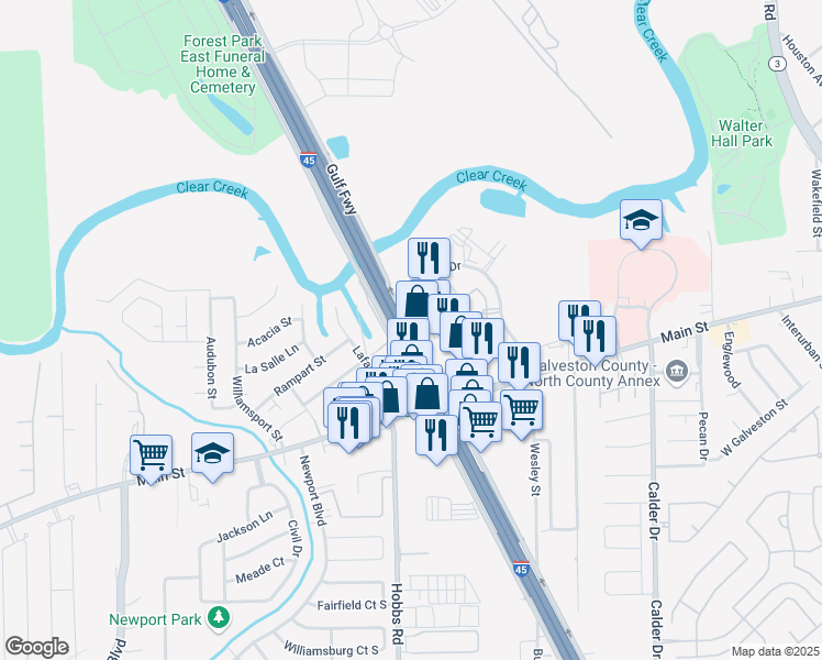 map of restaurants, bars, coffee shops, grocery stores, and more near 200 Gulf Freeway in League City