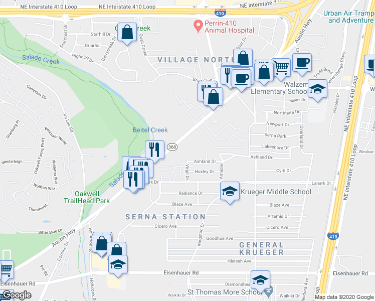 map of restaurants, bars, coffee shops, grocery stores, and more near 2222 Austin Hwy in San Antonio