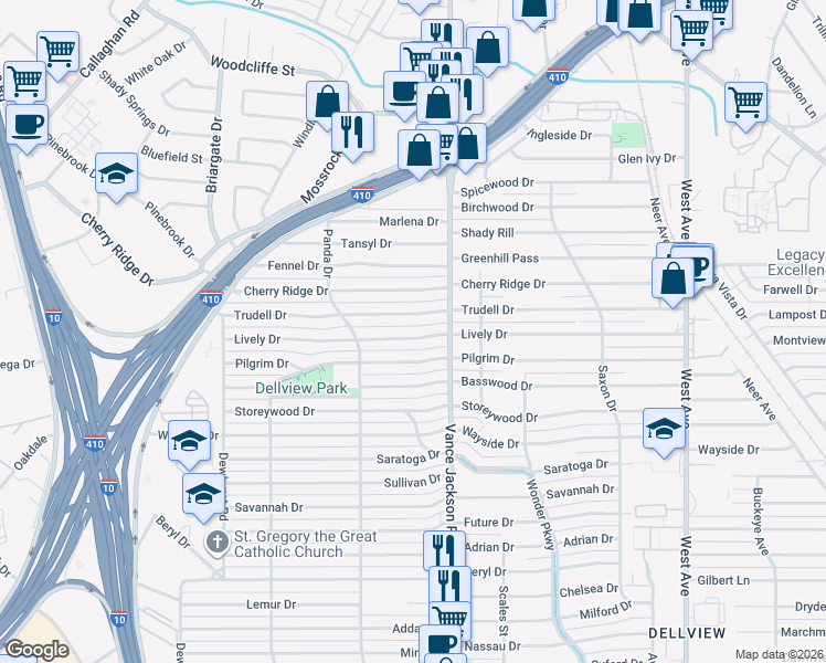 map of restaurants, bars, coffee shops, grocery stores, and more near 427 Pilgrim Drive in San Antonio