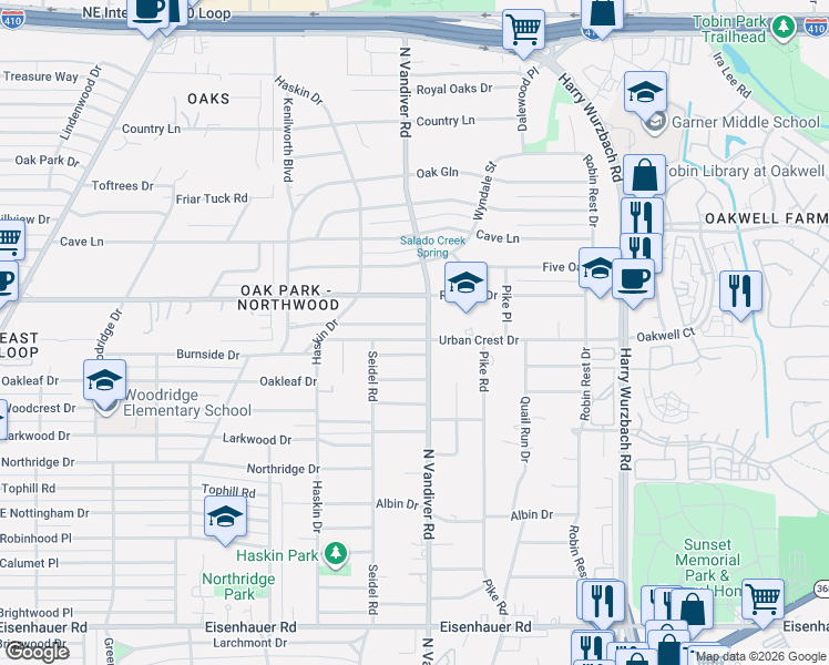 map of restaurants, bars, coffee shops, grocery stores, and more near 7624 North Vandiver Road in San Antonio