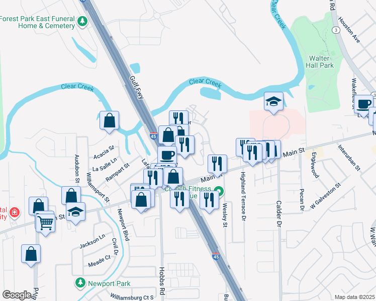 map of restaurants, bars, coffee shops, grocery stores, and more near 301 North Wesley Drive in League City