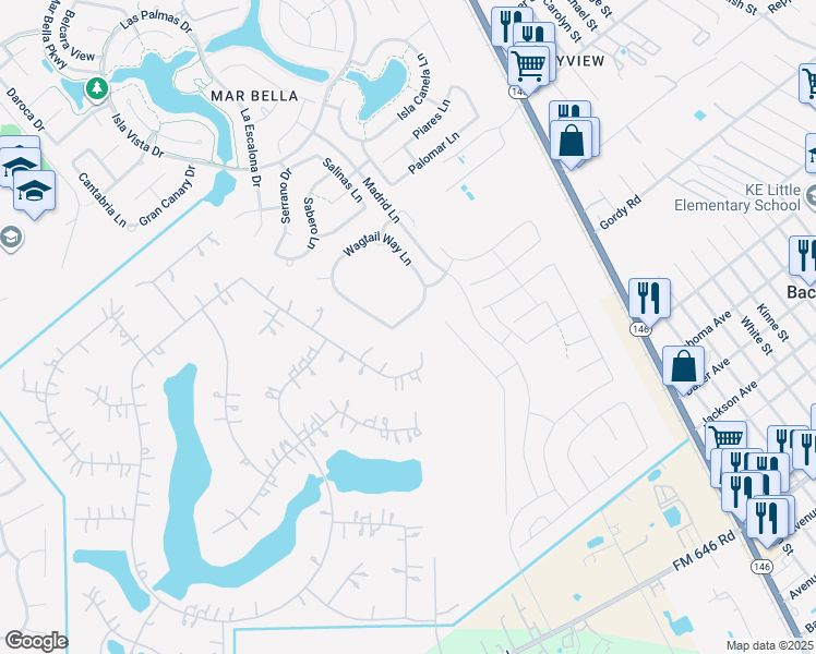 map of restaurants, bars, coffee shops, grocery stores, and more near 3965 Pebble Brook Drive in League City