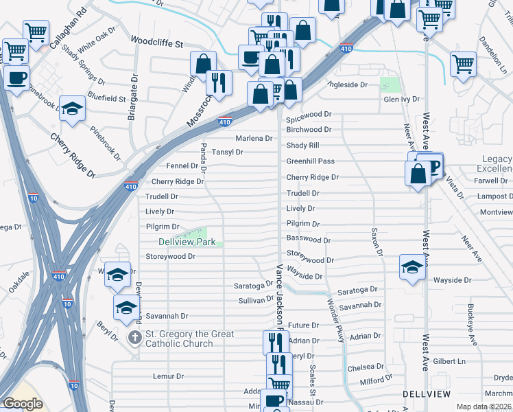 map of restaurants, bars, coffee shops, grocery stores, and more near 427 Pilgrim Drive in San Antonio