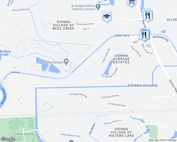 map of restaurants, bars, coffee shops, grocery stores, and more near 11 Bees Creek Knoll in Missouri City