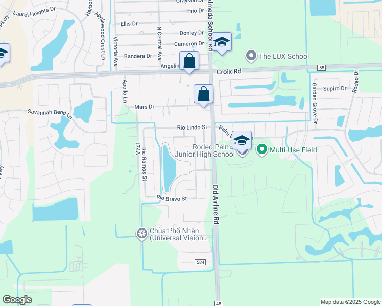 map of restaurants, bars, coffee shops, grocery stores, and more near 12603 Rio Nueces Lane in Rosharon