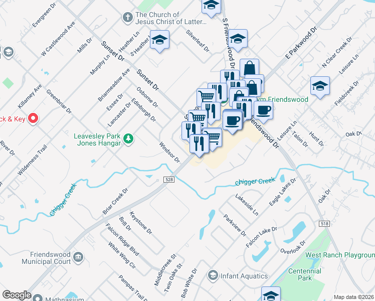 map of restaurants, bars, coffee shops, grocery stores, and more near 1500 Sunset Drive in Friendswood