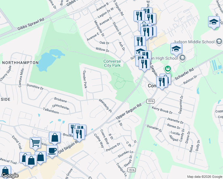 map of restaurants, bars, coffee shops, grocery stores, and more near 8427 Parry Path in Converse