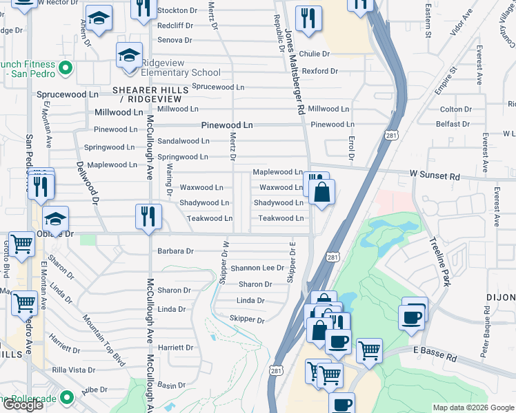 map of restaurants, bars, coffee shops, grocery stores, and more near 302 Waxwood Lane in San Antonio