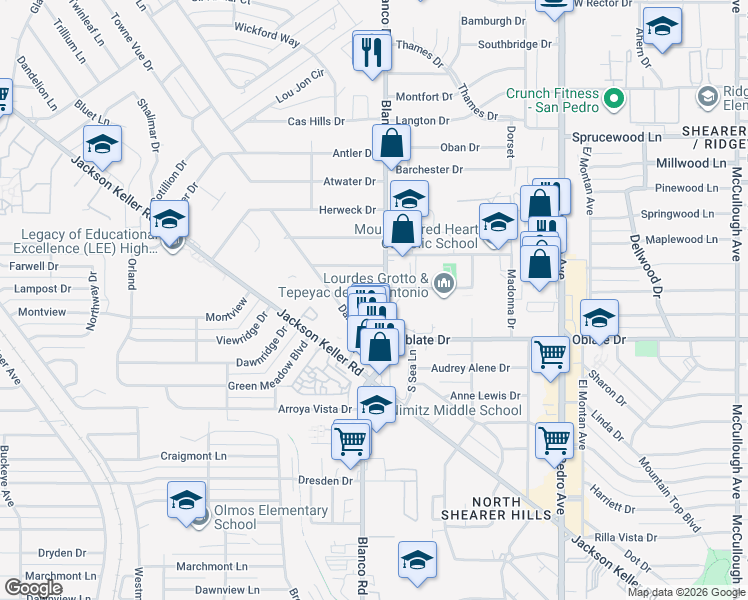map of restaurants, bars, coffee shops, grocery stores, and more near 5703 Blanco Road in San Antonio