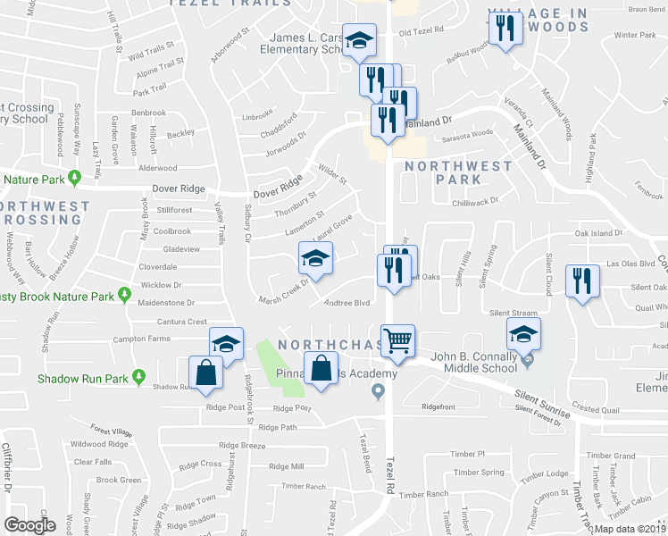 map of restaurants, bars, coffee shops, grocery stores, and more near 7110 Blazewood in San Antonio