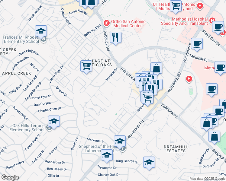map of restaurants, bars, coffee shops, grocery stores, and more near 5380 Medical Drive in San Antonio