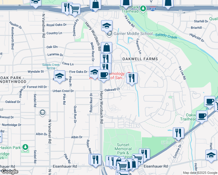 map of restaurants, bars, coffee shops, grocery stores, and more near 3301 Oakwell Court in San Antonio