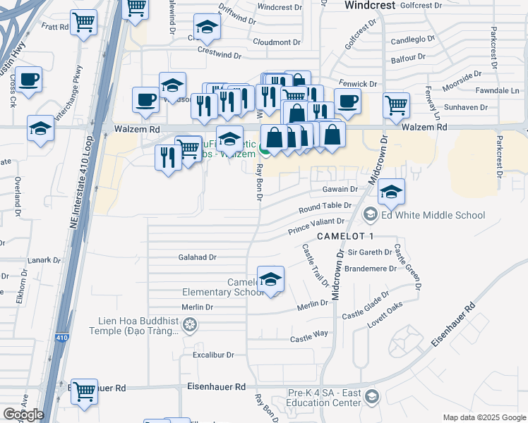 map of restaurants, bars, coffee shops, grocery stores, and more near 5207 Gawain Drive in San Antonio
