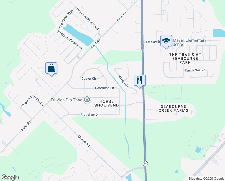 map of restaurants, bars, coffee shops, grocery stores, and more near 5319 Custer Circle in Rosenberg