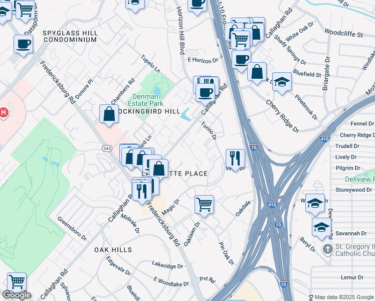 map of restaurants, bars, coffee shops, grocery stores, and more near 7626 Callaghan Road in San Antonio