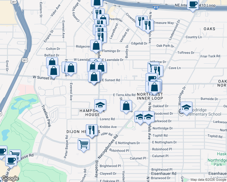 map of restaurants, bars, coffee shops, grocery stores, and more near 206 East Sunset Road in San Antonio