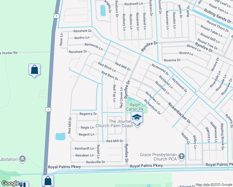 map of restaurants, bars, coffee shops, grocery stores, and more near 4 Red Clover Lane in Palm Coast