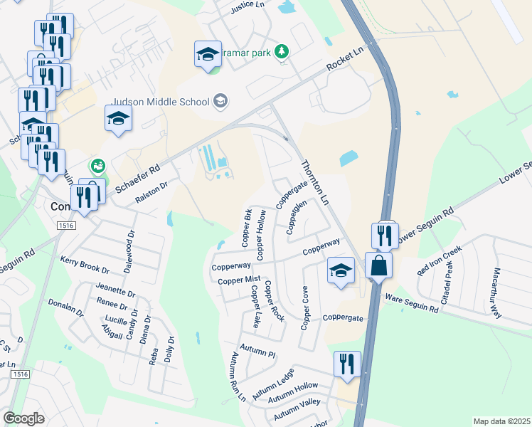 map of restaurants, bars, coffee shops, grocery stores, and more near 7924 Copper Hollow in Converse