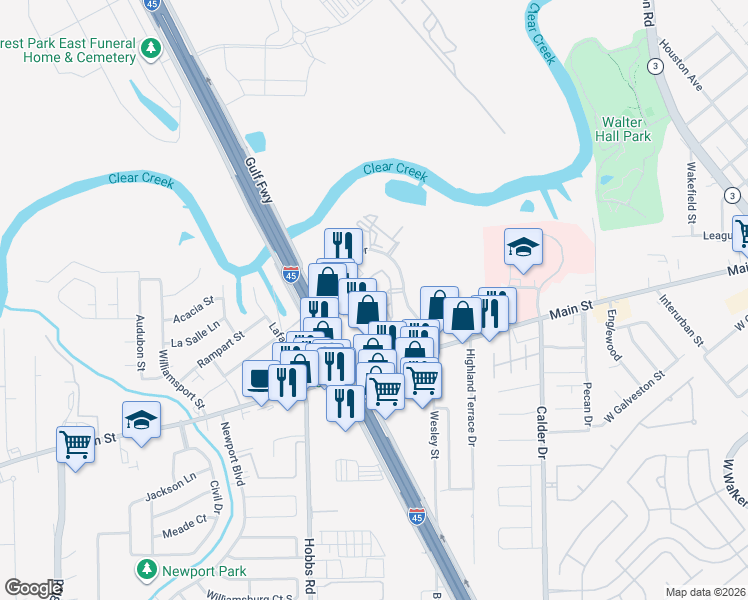 map of restaurants, bars, coffee shops, grocery stores, and more near 301 North Wesley Drive in League City