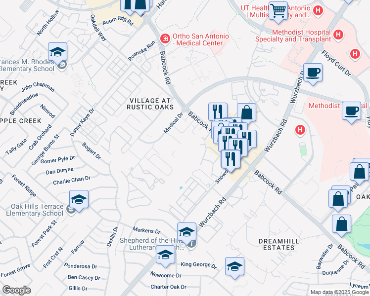 map of restaurants, bars, coffee shops, grocery stores, and more near 5322 Rowley Road in San Antonio