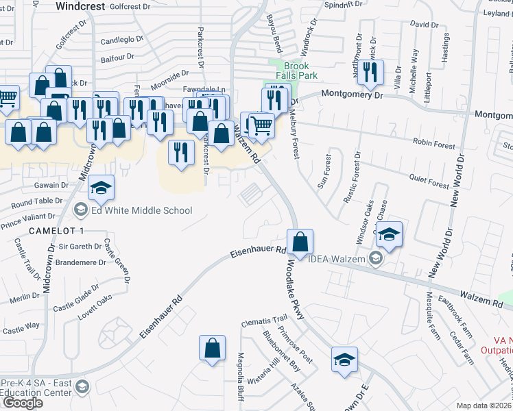 map of restaurants, bars, coffee shops, grocery stores, and more near 6110 Walzem Road in San Antonio