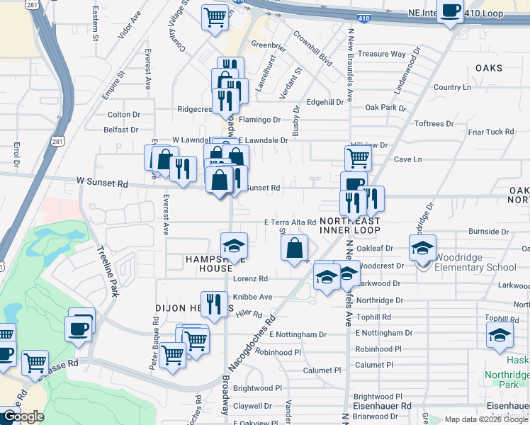 map of restaurants, bars, coffee shops, grocery stores, and more near 206 East Sunset Road in San Antonio