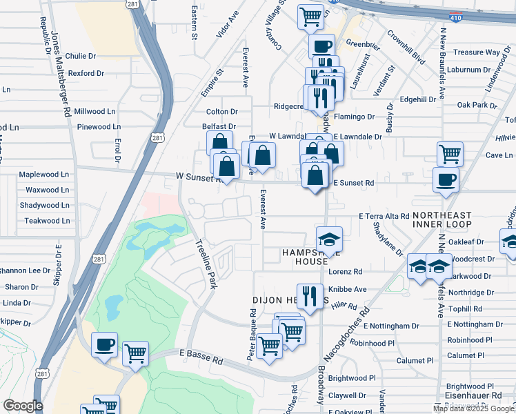 map of restaurants, bars, coffee shops, grocery stores, and more near 242 West Sunset Road in San Antonio