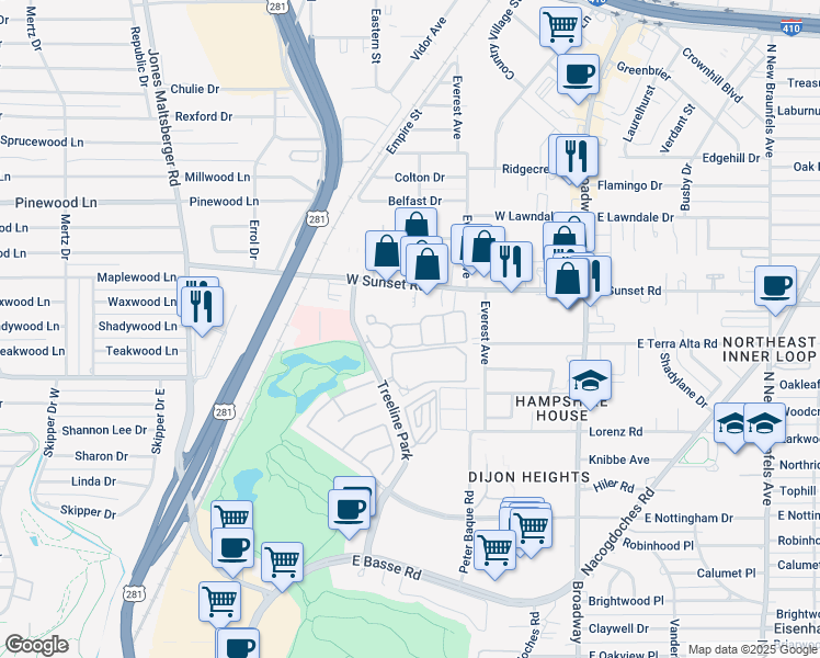 map of restaurants, bars, coffee shops, grocery stores, and more near 384 Treeline Park in San Antonio