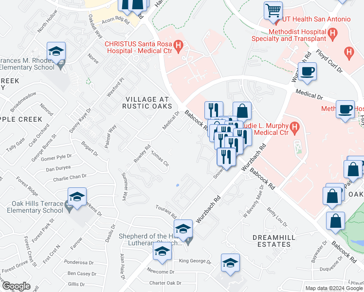 map of restaurants, bars, coffee shops, grocery stores, and more near 5322 Rowley Road in San Antonio