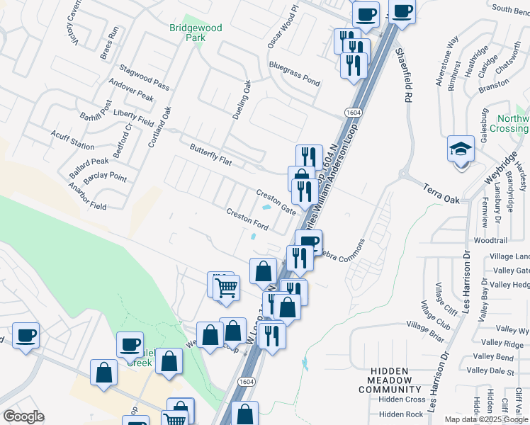 map of restaurants, bars, coffee shops, grocery stores, and more near 128 Creston Gate in San Antonio