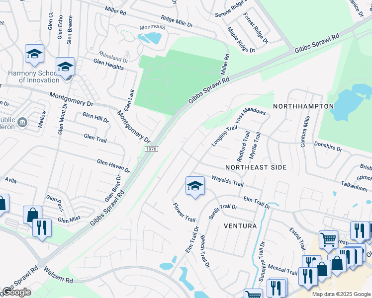 map of restaurants, bars, coffee shops, grocery stores, and more near 7500 Paradise Road in San Antonio
