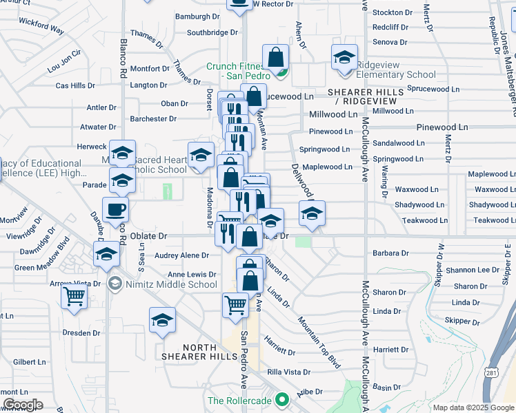 map of restaurants, bars, coffee shops, grocery stores, and more near 6900 San Pedro Avenue in San Antonio
