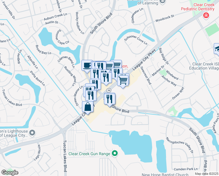map of restaurants, bars, coffee shops, grocery stores, and more near 2602 League City Parkway in League City