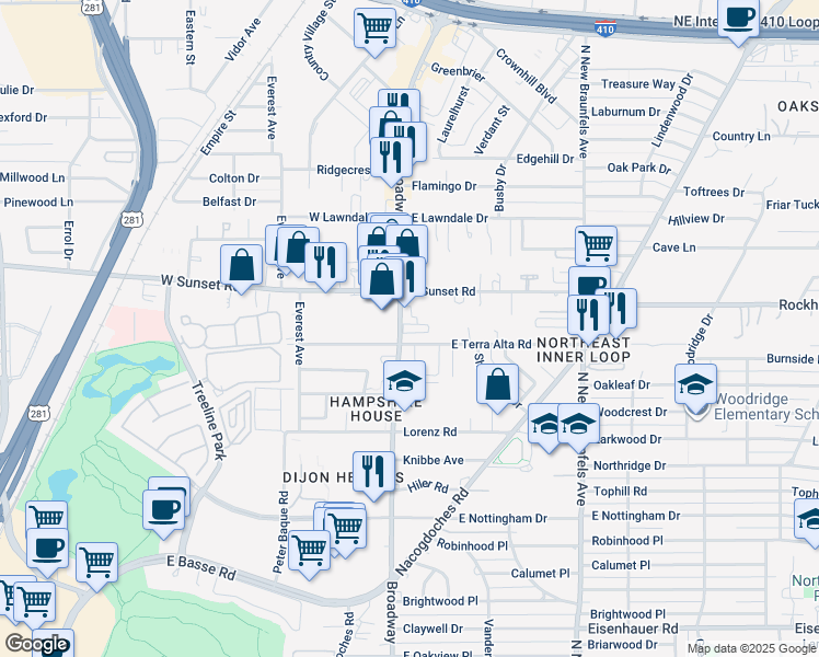 map of restaurants, bars, coffee shops, grocery stores, and more near 7926 Broadway in San Antonio