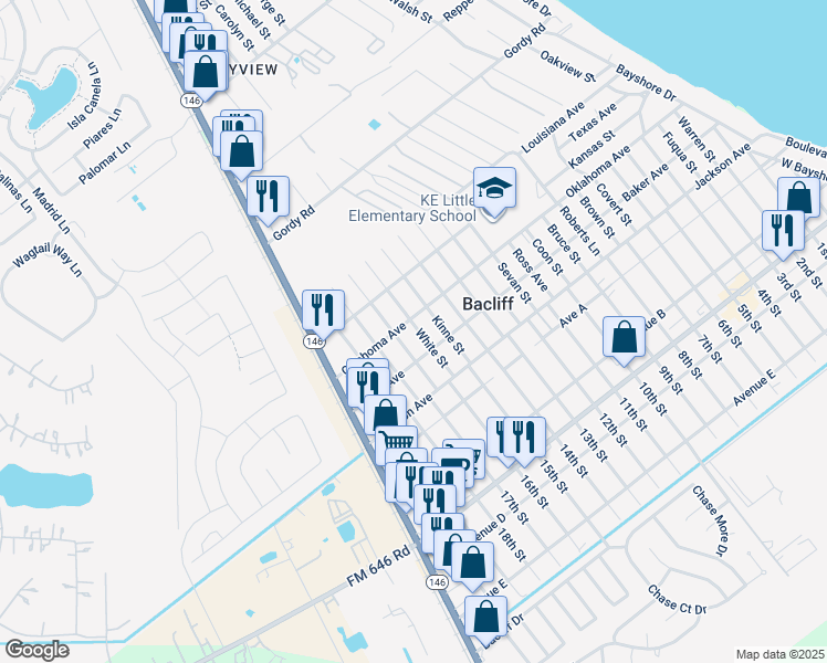 map of restaurants, bars, coffee shops, grocery stores, and more near 927 Oklahoma Avenue in Bacliff