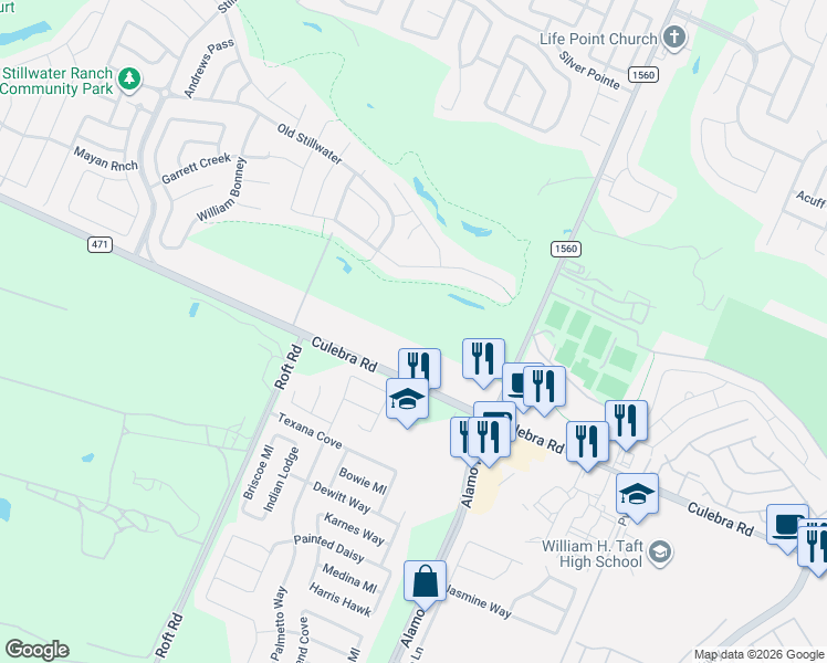 map of restaurants, bars, coffee shops, grocery stores, and more near 12215-12265 Culebra Road in San Antonio