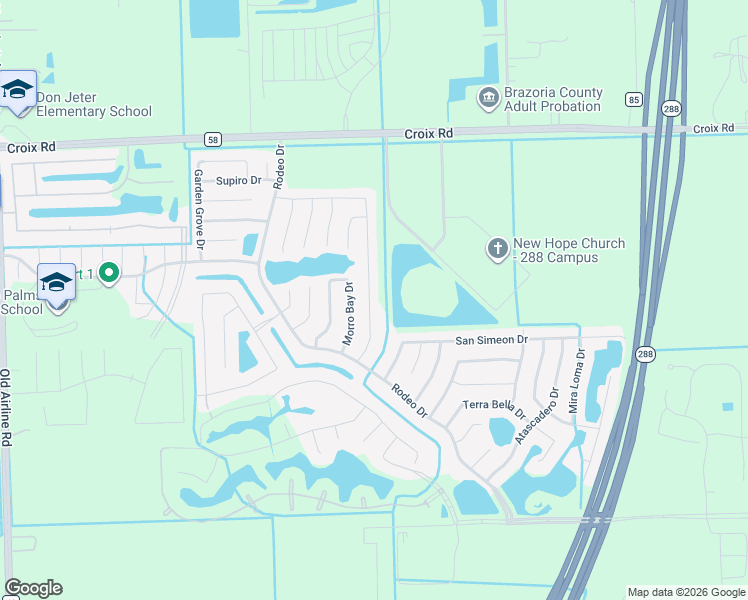 map of restaurants, bars, coffee shops, grocery stores, and more near 44 Santa Barbara Drive in Manvel