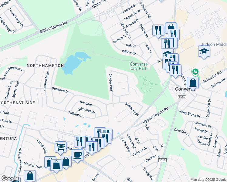 map of restaurants, bars, coffee shops, grocery stores, and more near 7527 Gander Park in Converse