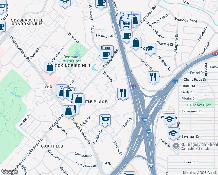 map of restaurants, bars, coffee shops, grocery stores, and more near in San Antonio