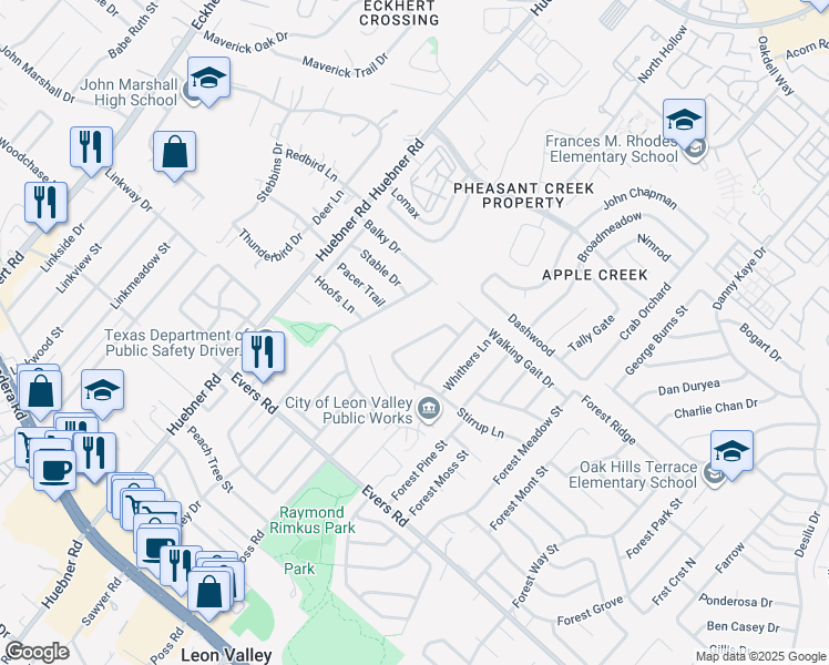 map of restaurants, bars, coffee shops, grocery stores, and more near 7423 Horse Tail Dr in San Antonio