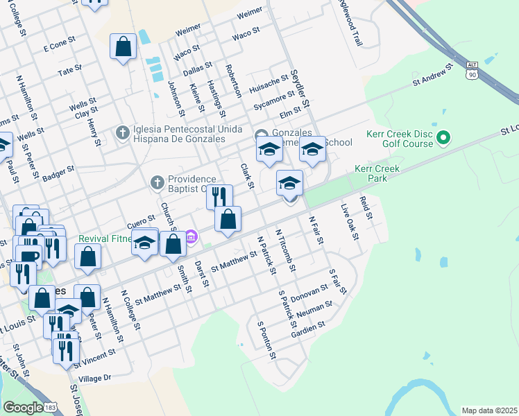 map of restaurants, bars, coffee shops, grocery stores, and more near 1501 Saint Lawrence Street in Gonzales