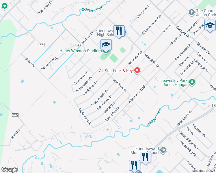 map of restaurants, bars, coffee shops, grocery stores, and more near 1210 West Castlewood Avenue in Friendswood