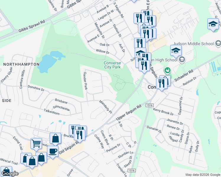 map of restaurants, bars, coffee shops, grocery stores, and more near 8427 Parry Path in Converse