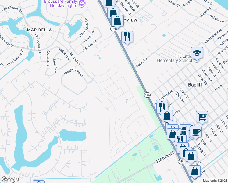 map of restaurants, bars, coffee shops, grocery stores, and more near 3520 Texas 146 in Bacliff