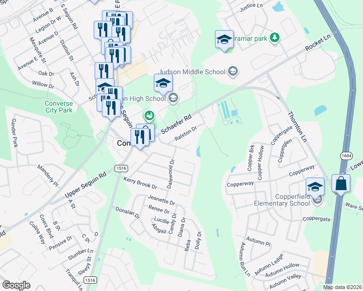 map of restaurants, bars, coffee shops, grocery stores, and more near 216 Ralston Drive in Converse