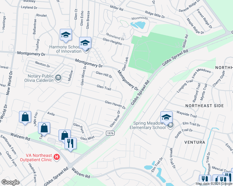 map of restaurants, bars, coffee shops, grocery stores, and more near 7803 Glen Nook Drive in San Antonio