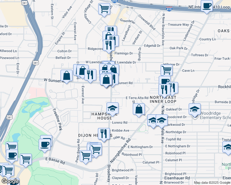 map of restaurants, bars, coffee shops, grocery stores, and more near 7926 Broadway in San Antonio